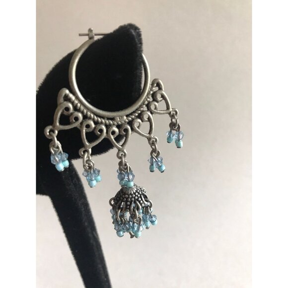 Vintage Circle Heart Mini Blue Beads Pierced Wire Chandelier Dangle Earrings - Picture 3 of 8